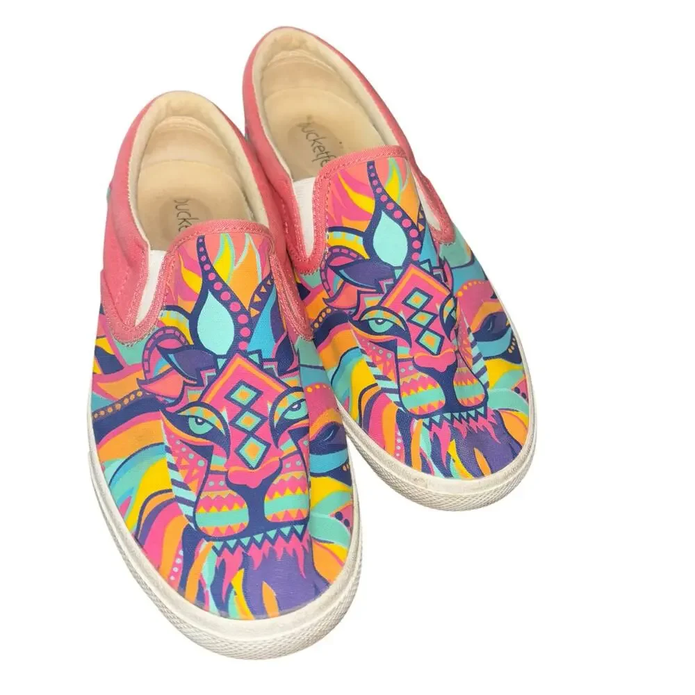 Bucket Feet Lion King Slip On Shoes Size 7 Wild Print Canvas Multi Pink Lion